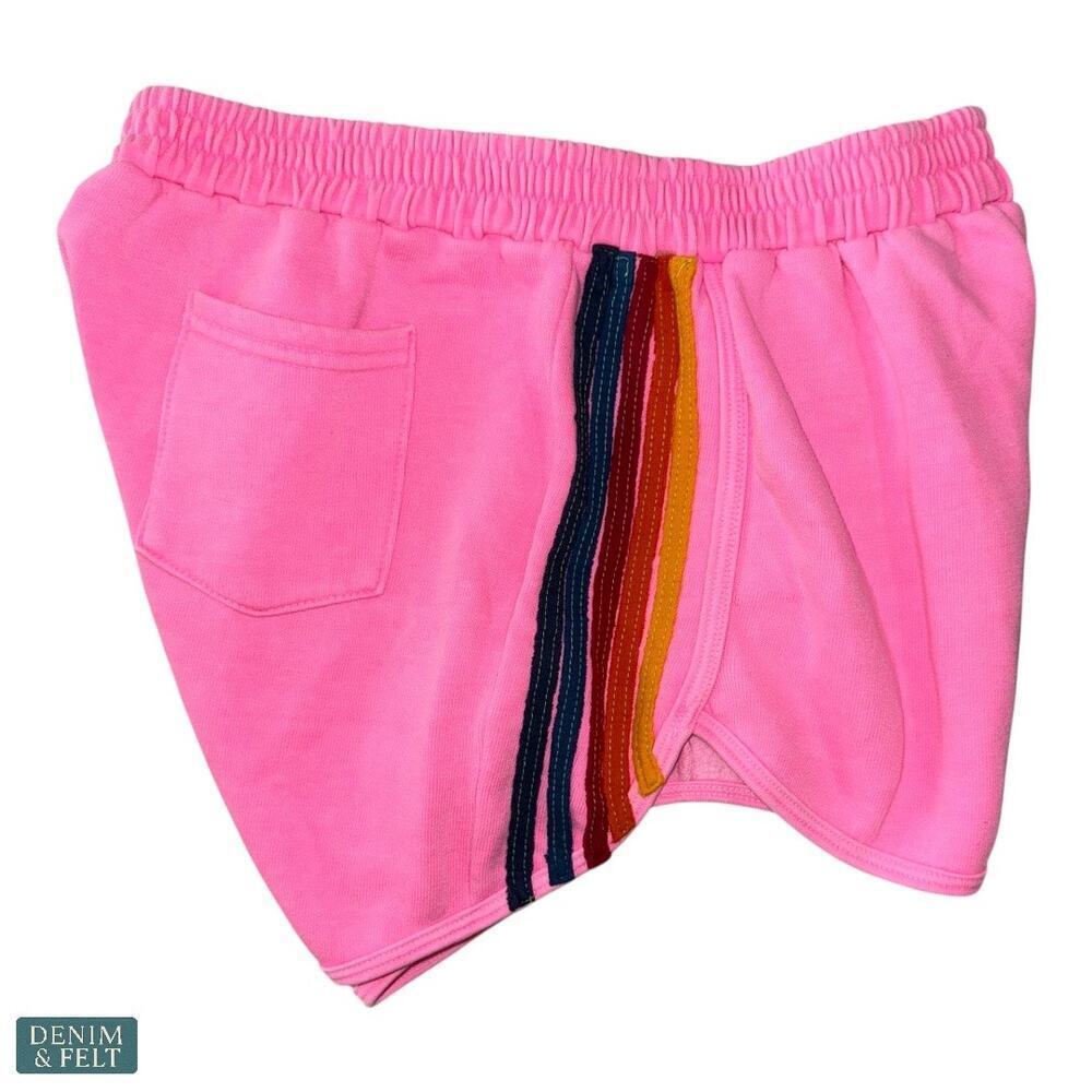 Aviator Nation Pink 5 Stripe Classic Sweat Shorts Neon Rainbow Soft Lounge XL - Picture 9 of 14